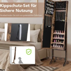 Neigungsverstellbarer Schmuckschrank mit Ganzkörperspiegel & 64 Ohrringschlitzen Schmuckregal