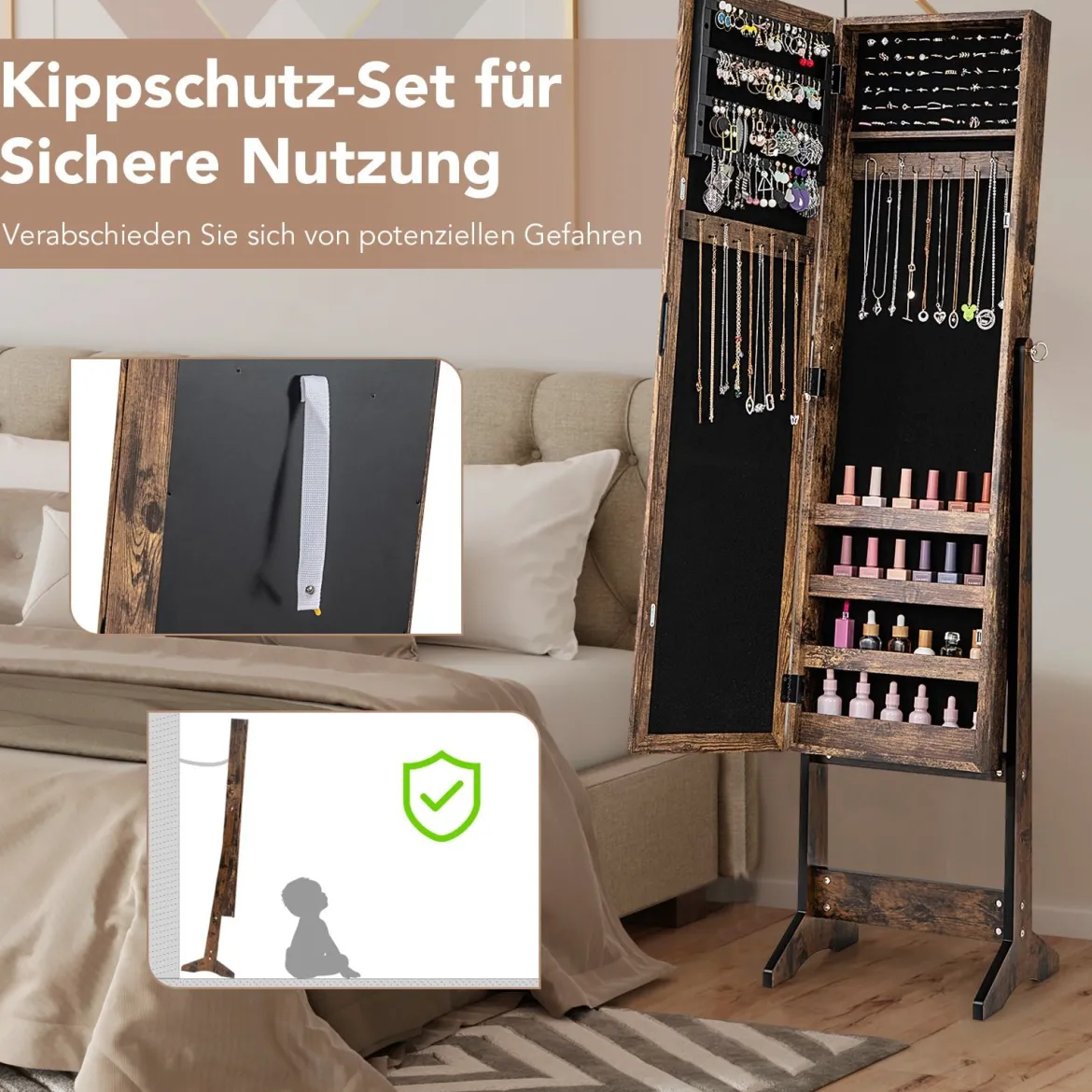 Neigungsverstellbarer Schmuckschrank mit Ganzkörperspiegel & 64 Ohrringschlitzen Schmuckregal