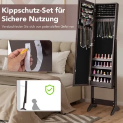 Neigungsverstellbarer Schmuckschrank mit Ganzkörperspiegel & 64 Ohrringschlitzen Schmuckregal