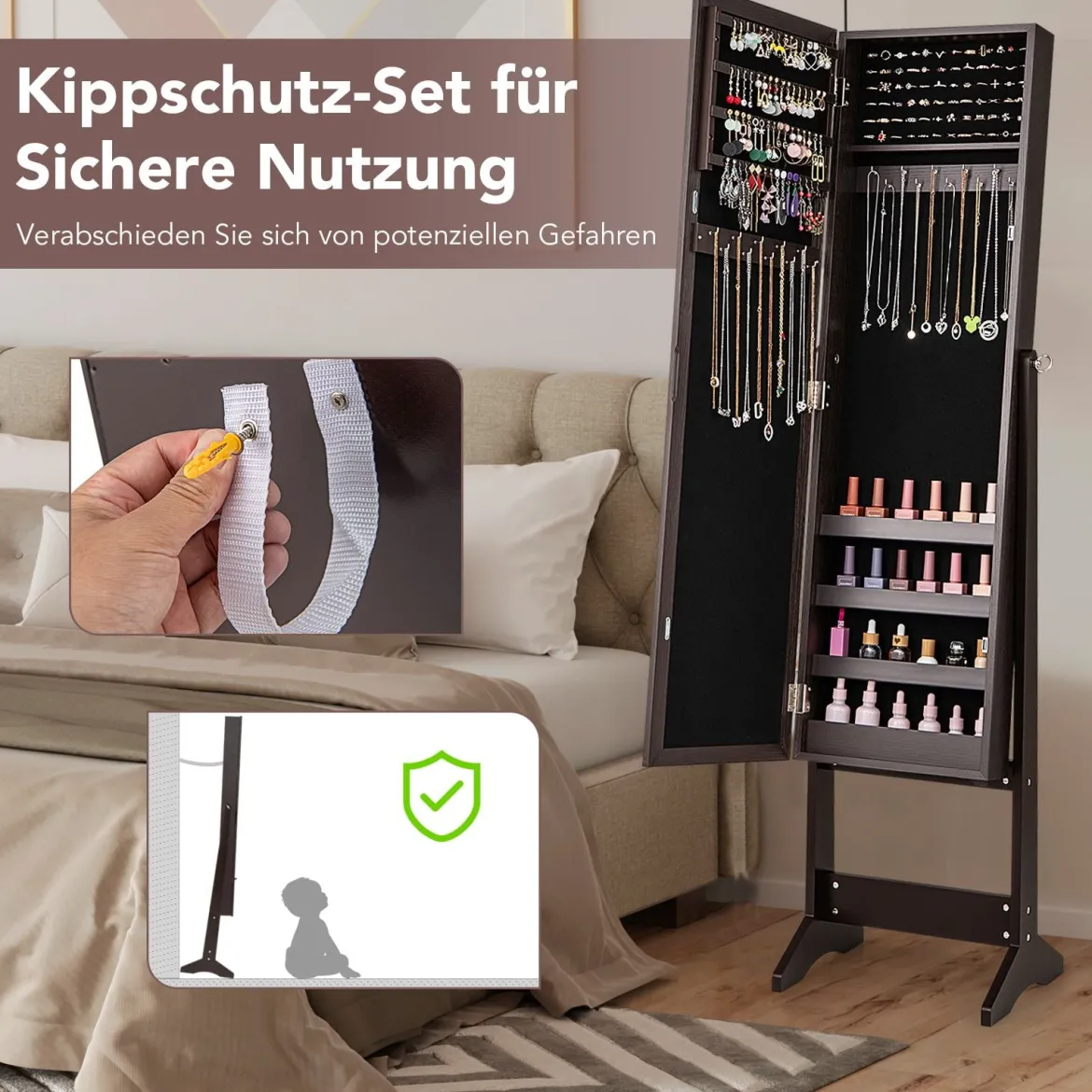 Neigungsverstellbarer Schmuckschrank mit Ganzkörperspiegel & 64 Ohrringschlitzen Schmuckregal