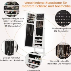 Neigungsverstellbarer Schmuckschrank mit Ganzkörperspiegel & 64 Ohrringschlitzen Schmuckregal