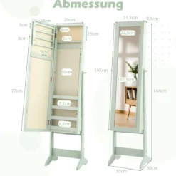 Neigungsverstellbarer Schmuckschrank mit Ganzkörperspiegel & 64 Ohrringschlitzen Schmuckregal