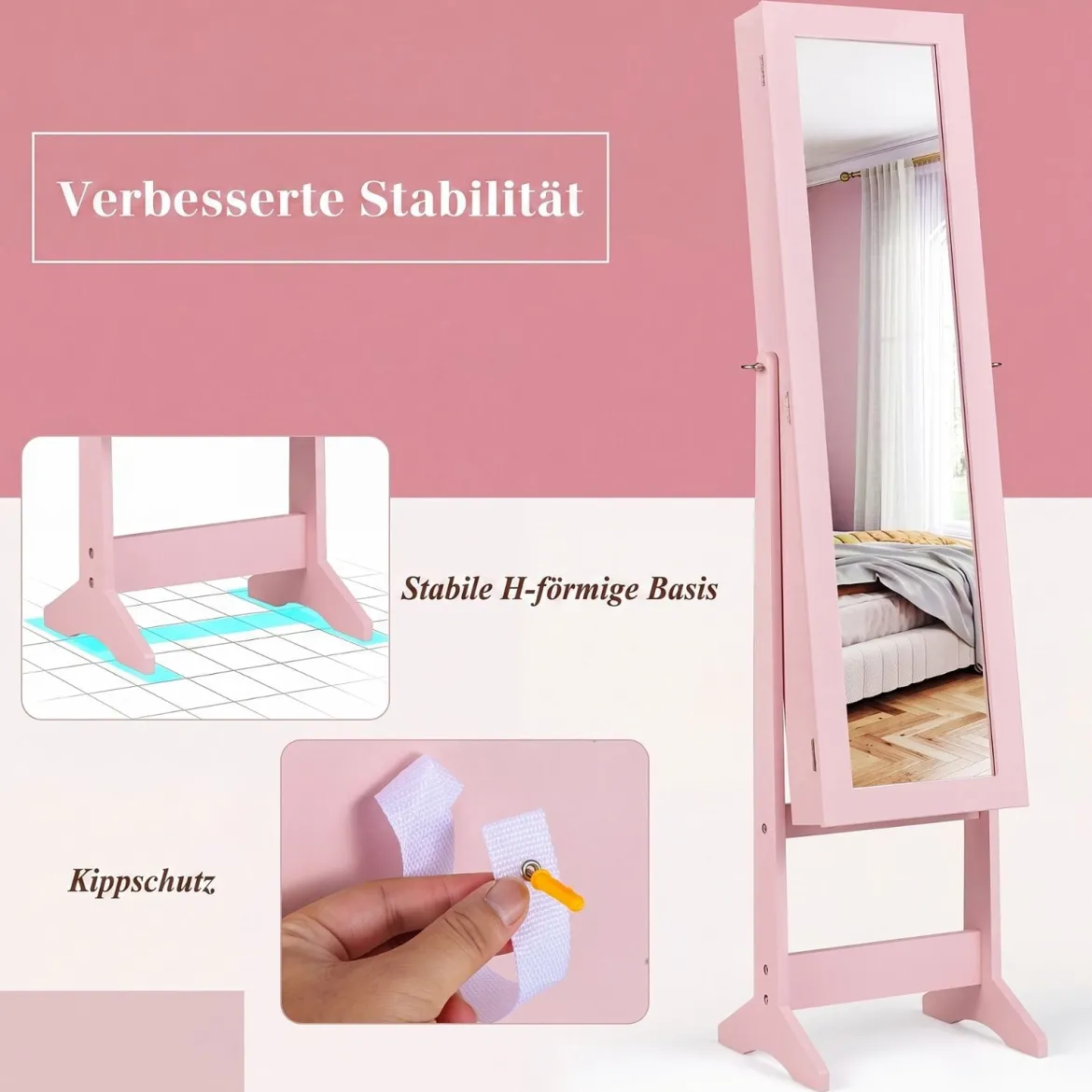 Neigungsverstellbarer Schmuckschrank mit Ganzkörperspiegel & 64 Ohrringschlitzen Schmuckregal