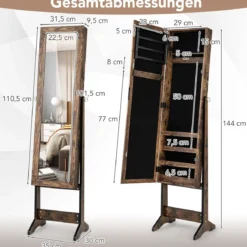 Neigungsverstellbarer Schmuckschrank mit Ganzkörperspiegel & 64 Ohrringschlitzen Schmuckregal