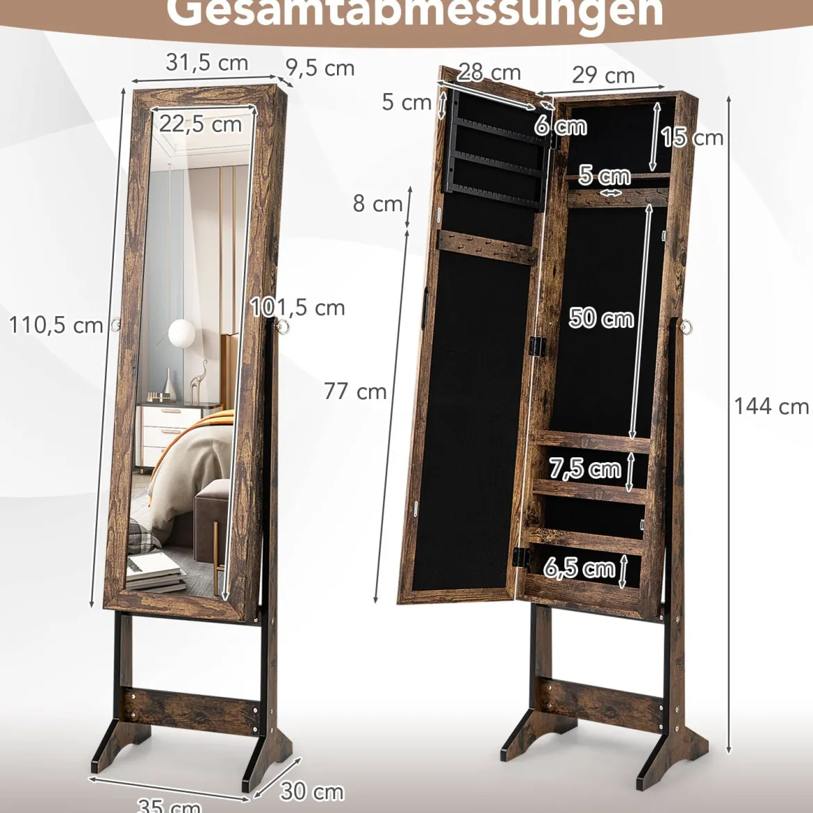 Neigungsverstellbarer Schmuckschrank mit Ganzkörperspiegel & 64 Ohrringschlitzen Schmuckregal