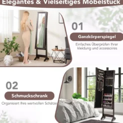 Neigungsverstellbarer Schmuckschrank mit Ganzkörperspiegel & 64 Ohrringschlitzen Schmuckregal