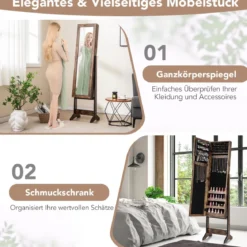 Neigungsverstellbarer Schmuckschrank mit Ganzkörperspiegel & 64 Ohrringschlitzen Schmuckregal