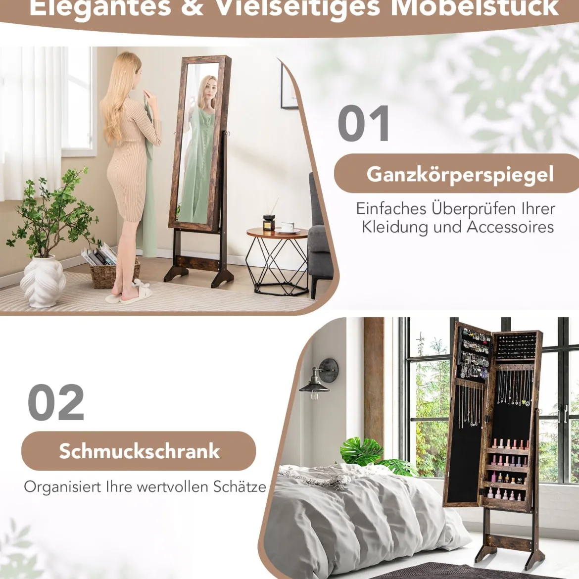 Neigungsverstellbarer Schmuckschrank mit Ganzkörperspiegel & 64 Ohrringschlitzen Schmuckregal