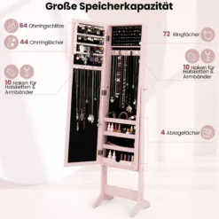 Neigungsverstellbarer Schmuckschrank mit Ganzkörperspiegel & 64 Ohrringschlitzen Schmuckregal