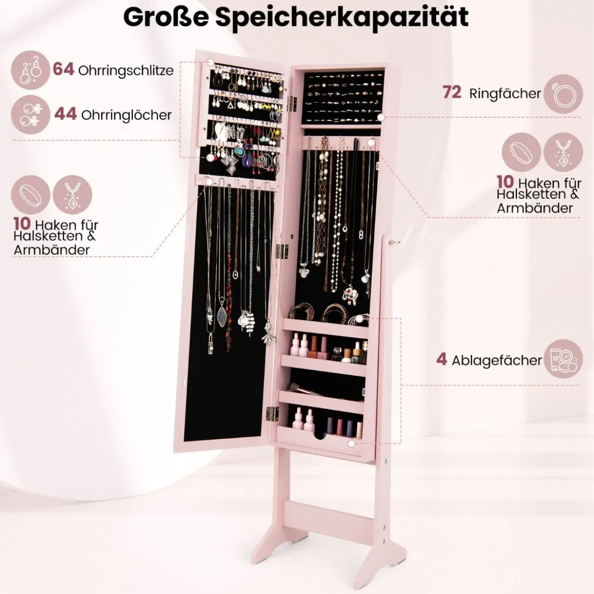 Neigungsverstellbarer Schmuckschrank mit Ganzkörperspiegel & 64 Ohrringschlitzen Schmuckregal