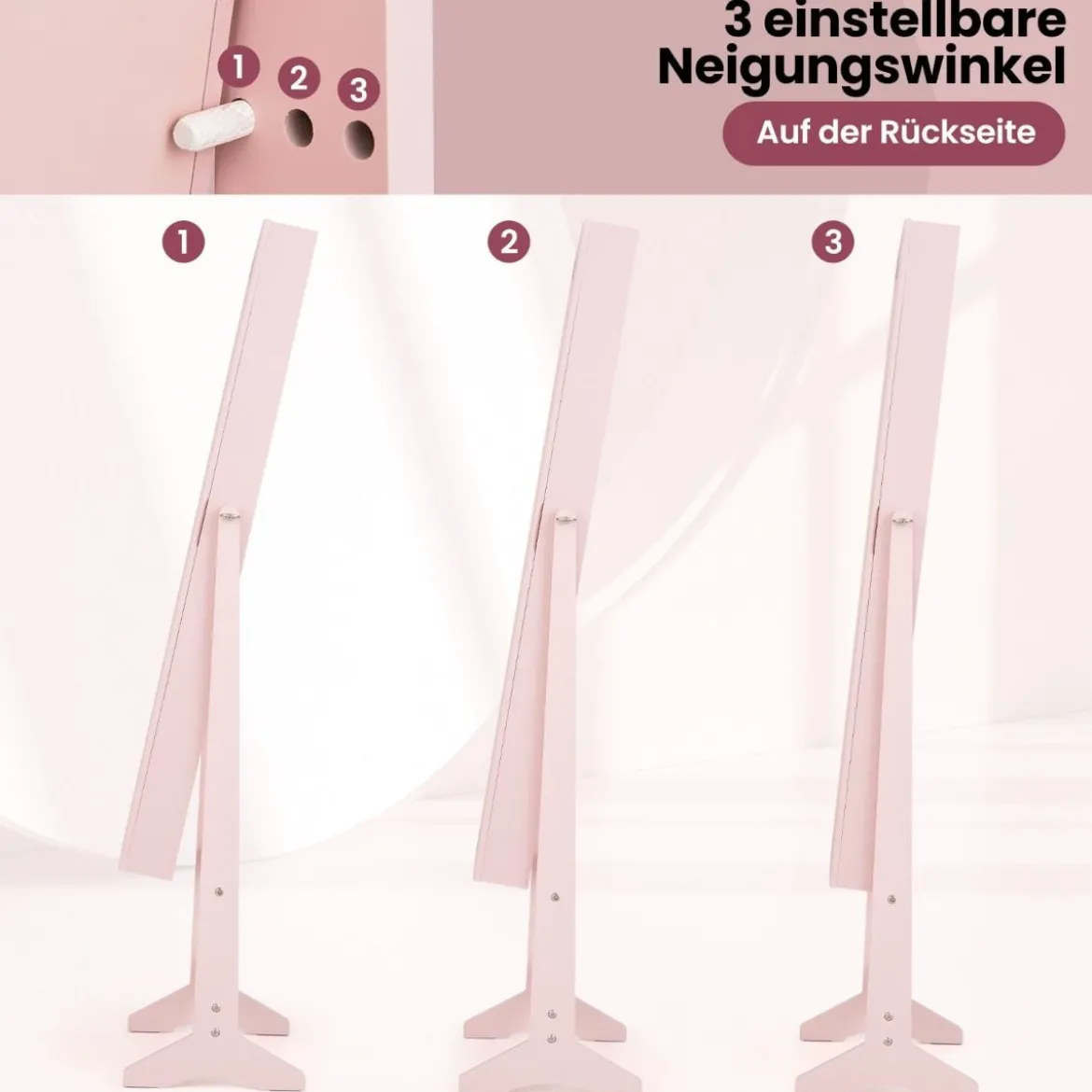 Neigungsverstellbarer Schmuckschrank mit Ganzkörperspiegel Schmuckregal Spiegelschrank Pink