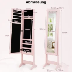 Neigungsverstellbarer Schmuckschrank mit Ganzkörperspiegel Schmuckregal Spiegelschrank Pink