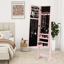 Neigungsverstellbarer Schmuckschrank mit Ganzkörperspiegel Schmuckregal Spiegelschrank Pink
