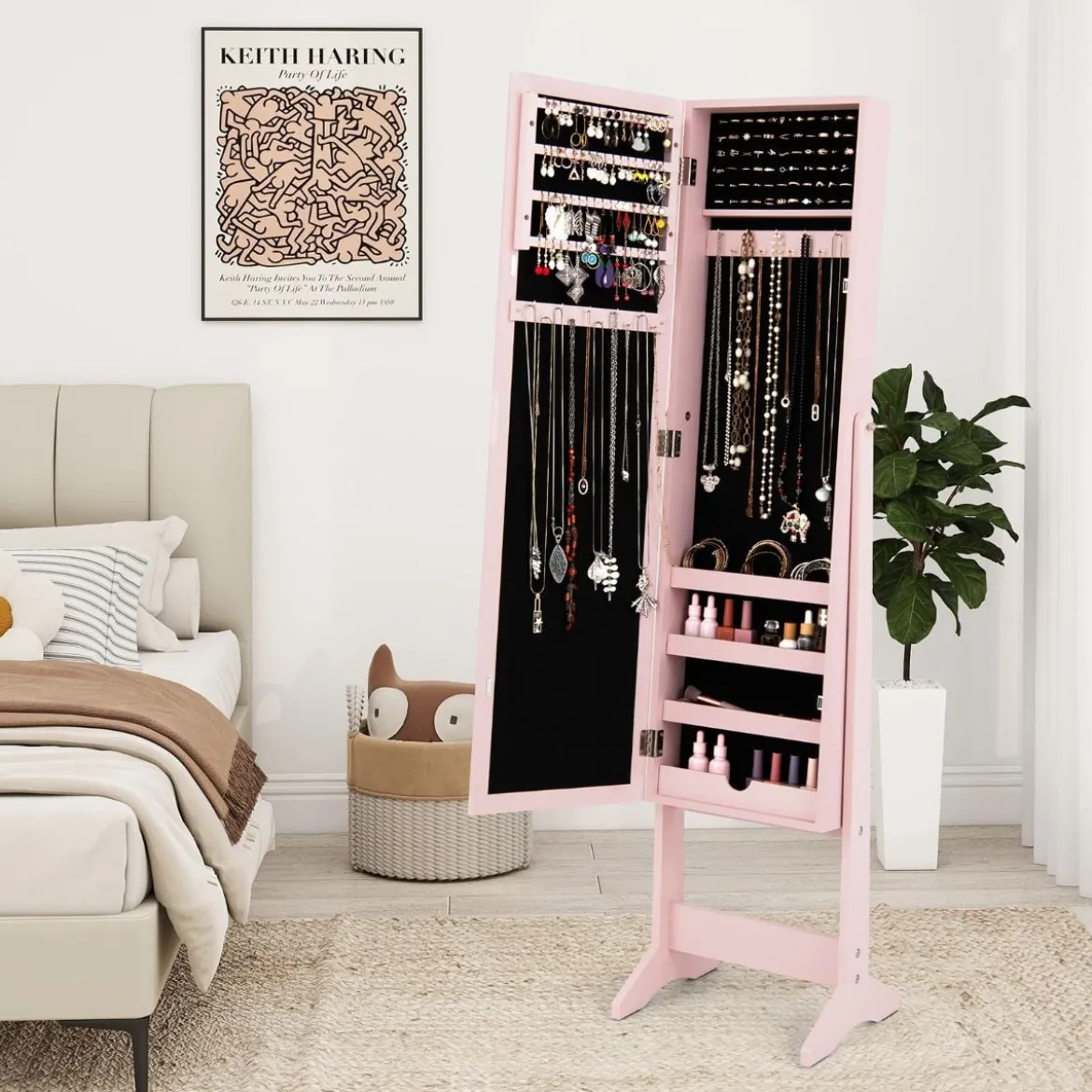 Neigungsverstellbarer Schmuckschrank mit Ganzkörperspiegel Schmuckregal Spiegelschrank Pink
