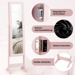 Neigungsverstellbarer Schmuckschrank mit Ganzkörperspiegel Schmuckregal Spiegelschrank Pink