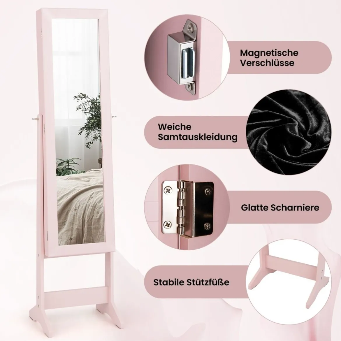 Neigungsverstellbarer Schmuckschrank mit Ganzkörperspiegel Schmuckregal Spiegelschrank Pink