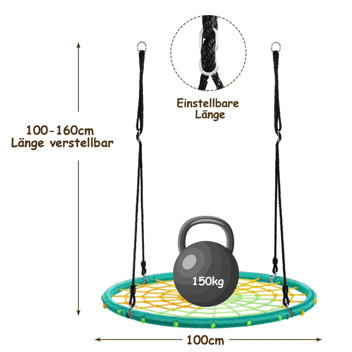 Nestschaukel Ø100cm Spinnennetz Kinderschaukel Baumschaukel Spinnennetz-Rundseil-Rundschaukel Grün