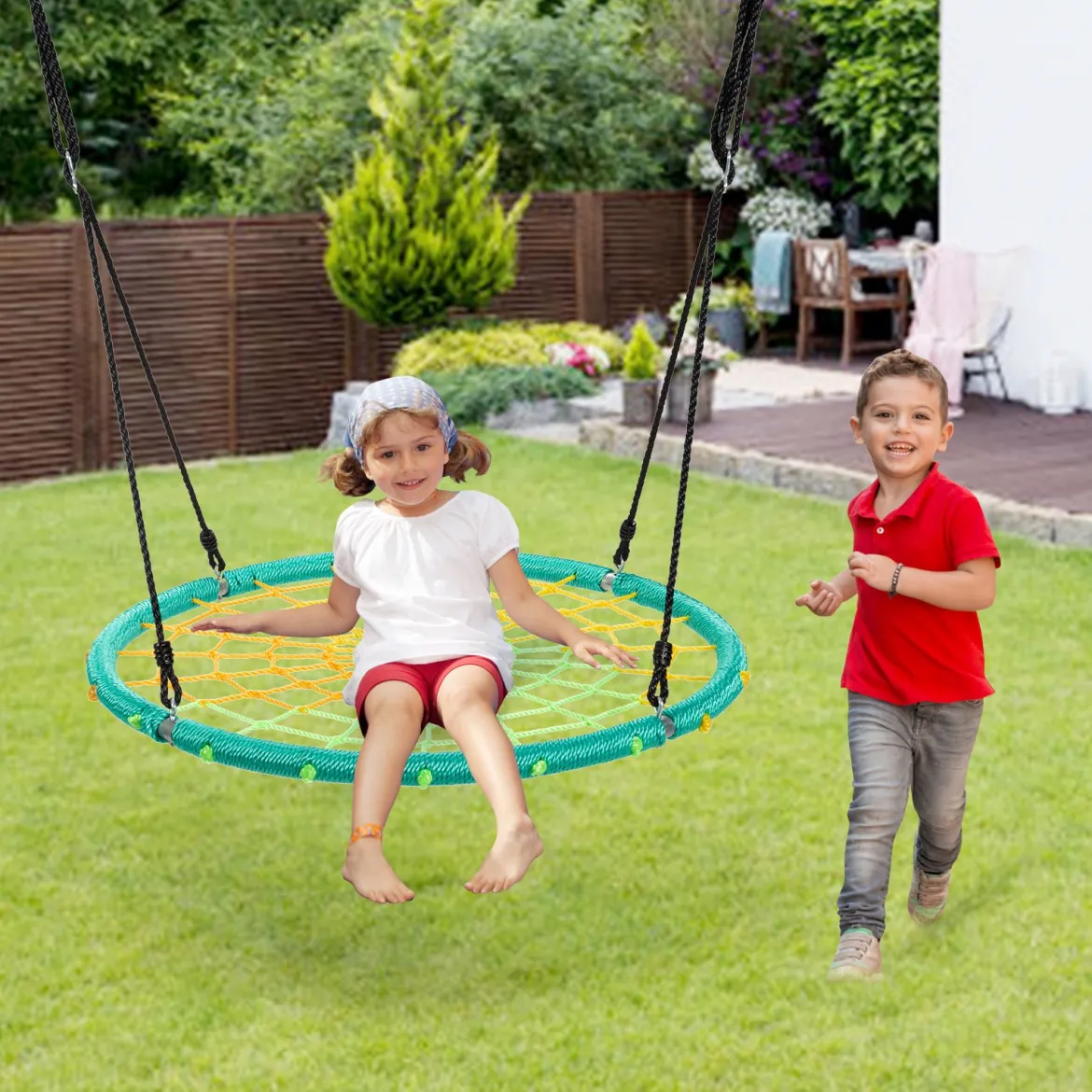 Nestschaukel Ø100cm Spinnennetz Kinderschaukel Baumschaukel Spinnennetz-Rundseil-Rundschaukel Grün