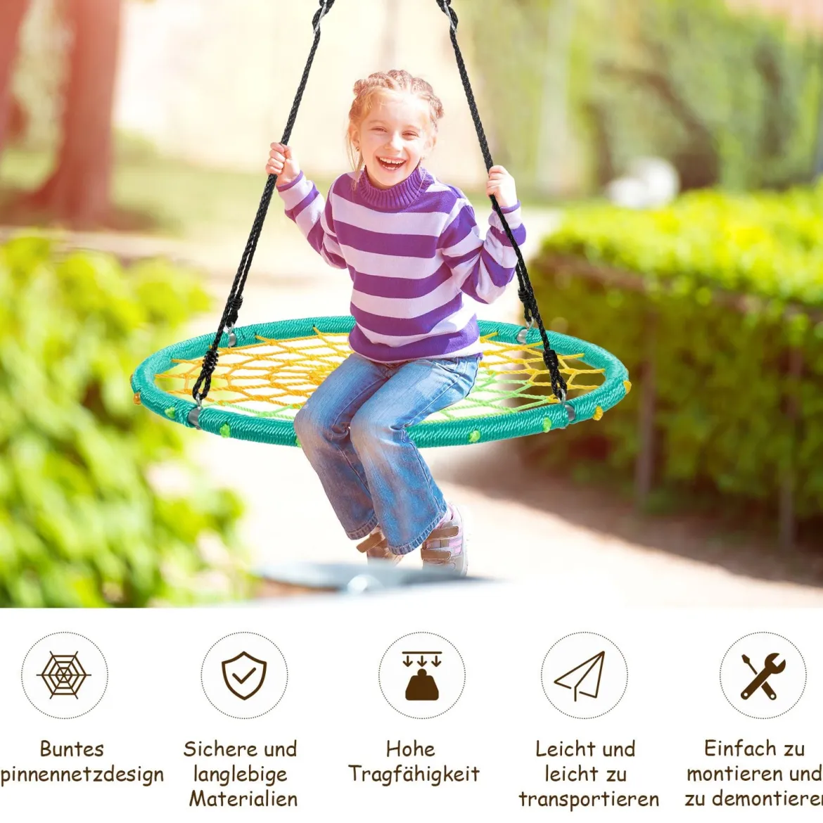 Nestschaukel Ø100cm Spinnennetz Kinderschaukel Baumschaukel Spinnennetz-Rundseil-Rundschaukel Grün