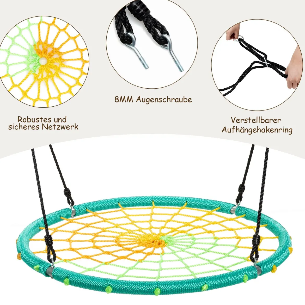Nestschaukel Ø100cm Spinnennetz Kinderschaukel Baumschaukel Spinnennetz-Rundseil-Rundschaukel Grün