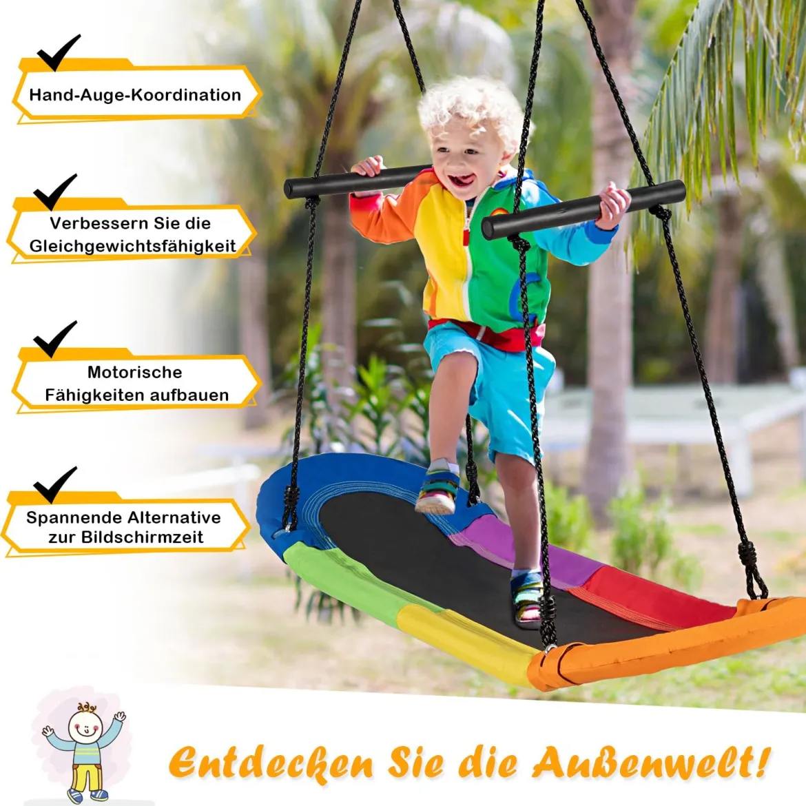 Nestschaukel Kinder Baumschaukel mit 100-160cm verstellbaren Seil Hängeschaukel Bunt 123 x 45cm