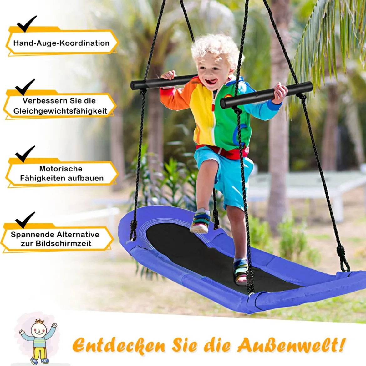 Nestschaukel Kinder Baumschaukel mit 100-160cm verstellbaren Seil Hängeschaukel Blau 123x45cm