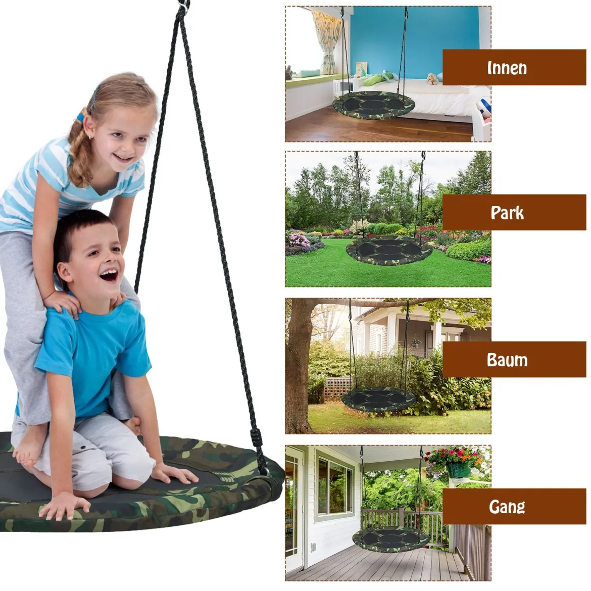 Nestschaukel Kinderschaukel Baumschaukel Rundschaukel 100-160cm Seil Tarngrün