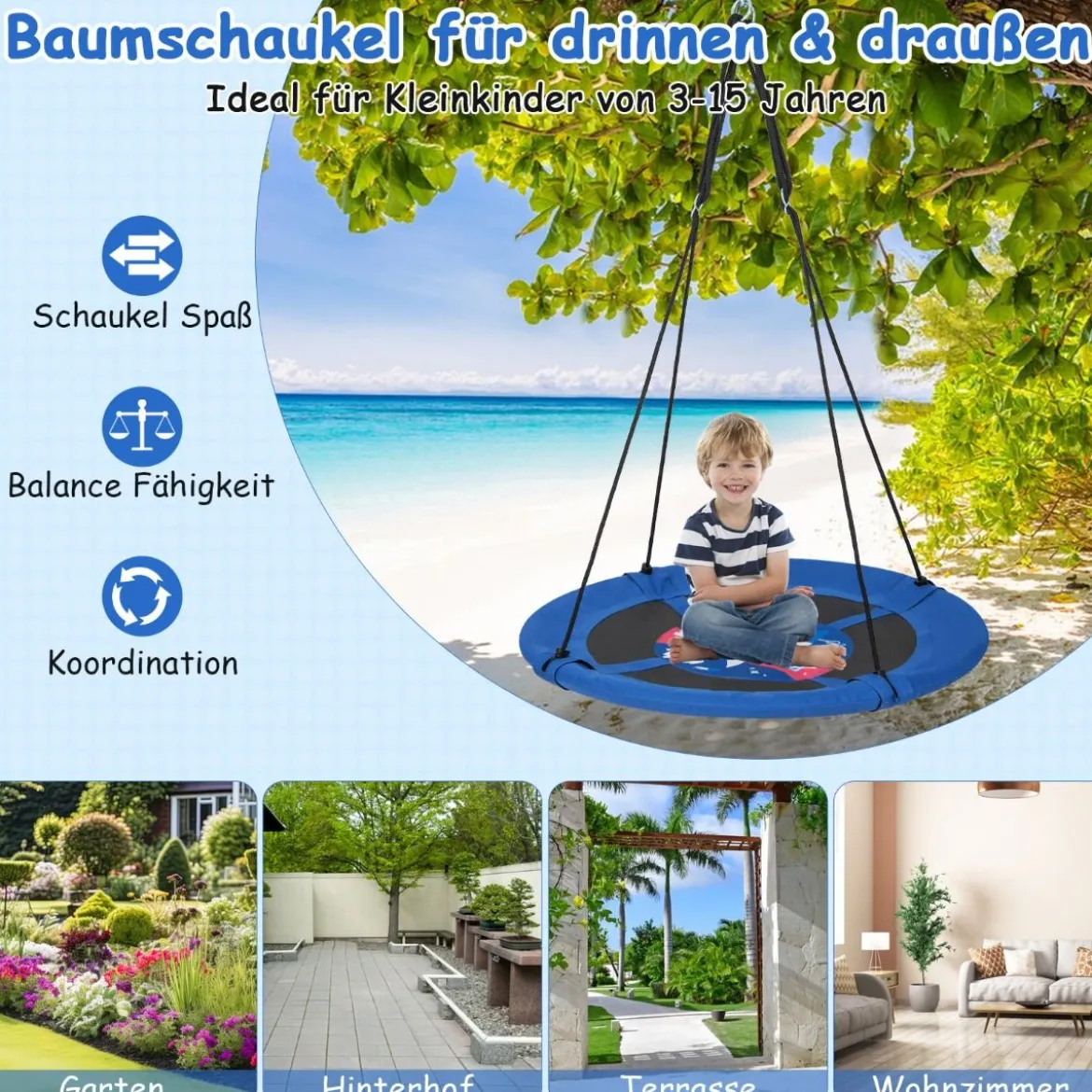 Nestschaukel Kinderschaukel Baumschaukel Hängeschaukel Ø 100 cm Blau-Rakete