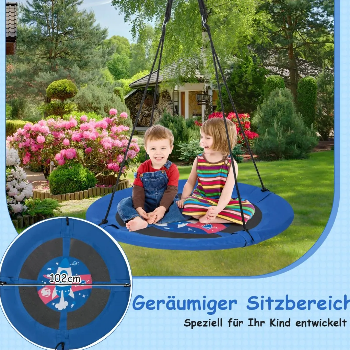 Nestschaukel Kinderschaukel Baumschaukel Hängeschaukel Ø 100 cm Blau-Rakete