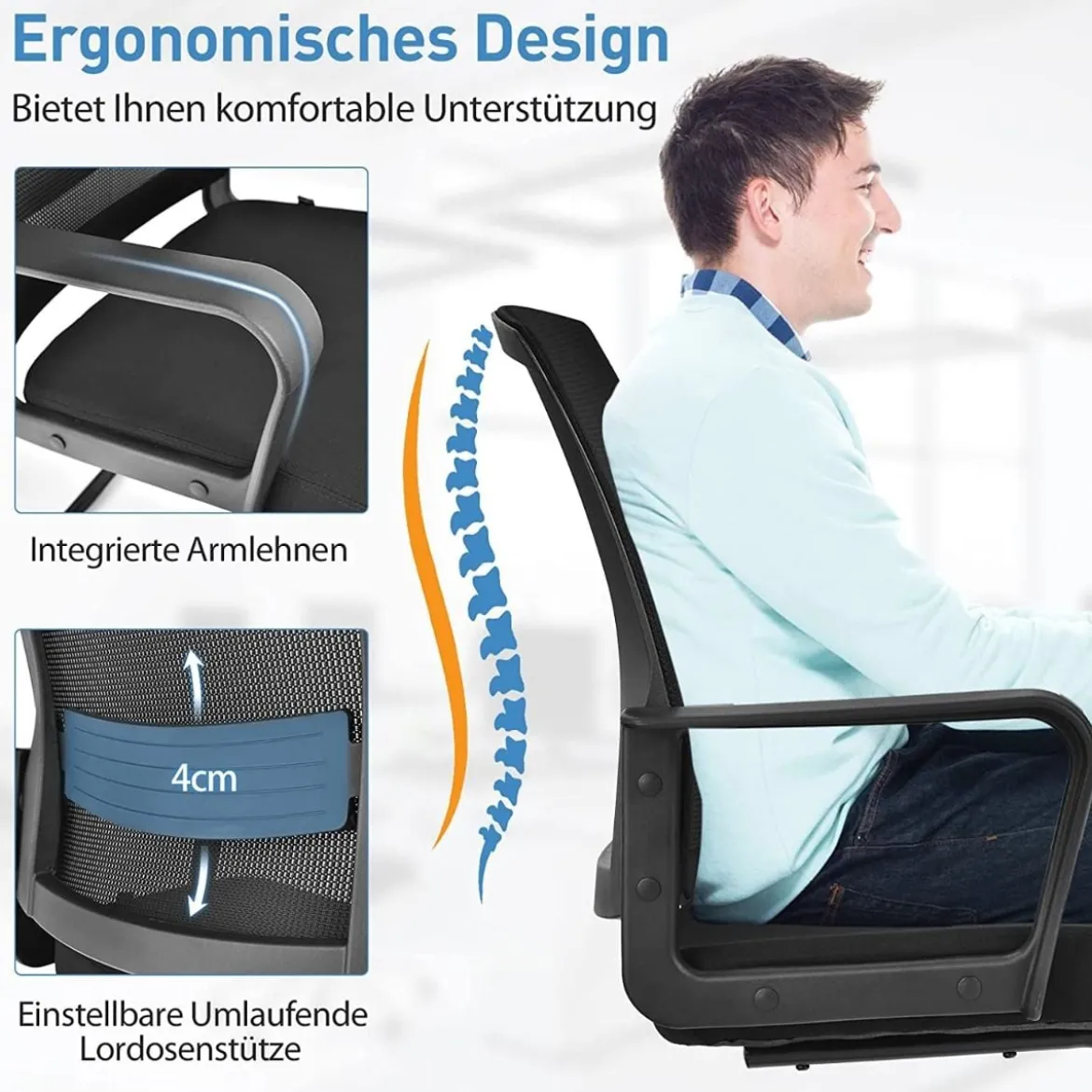 Netz Bürostuhl mit Rückenlehne bis 136kg belastbar 60 x 54,5 x 94 cm Schwarz