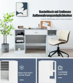 Nähmaschinentisch Artwork Nähtisch mit Aufbewahrungsregalen & Schubladen 135 x 60 x 76 cm Weiß