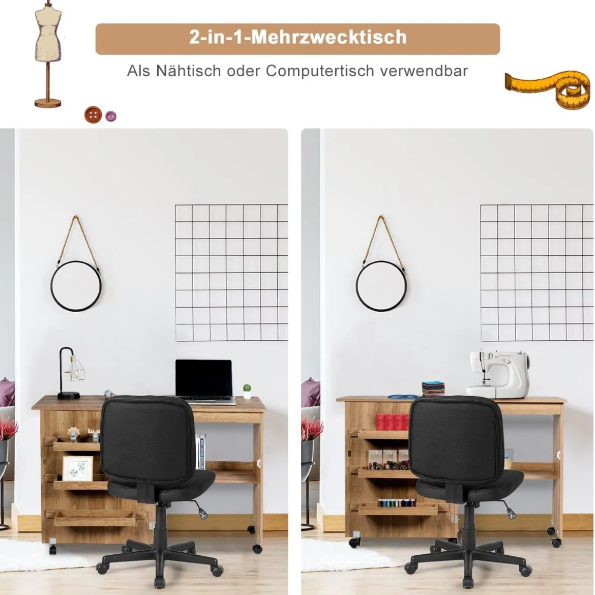 Nähmaschinentisch Zusammenklappbarer Nähtisch mit Ablagefächern 118,5 x 40 x 79,5 cm