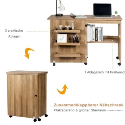 Nähmaschinentisch Zusammenklappbarer Nähtisch mit Ablagefächern 118,5 x 40 x 79,5 cm
