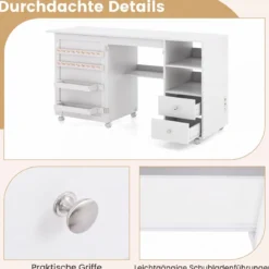 Nähtisch auf Rollen Klappbarer Nähmaschinenschrank mit Ladestation 2 Schubladen Weiß