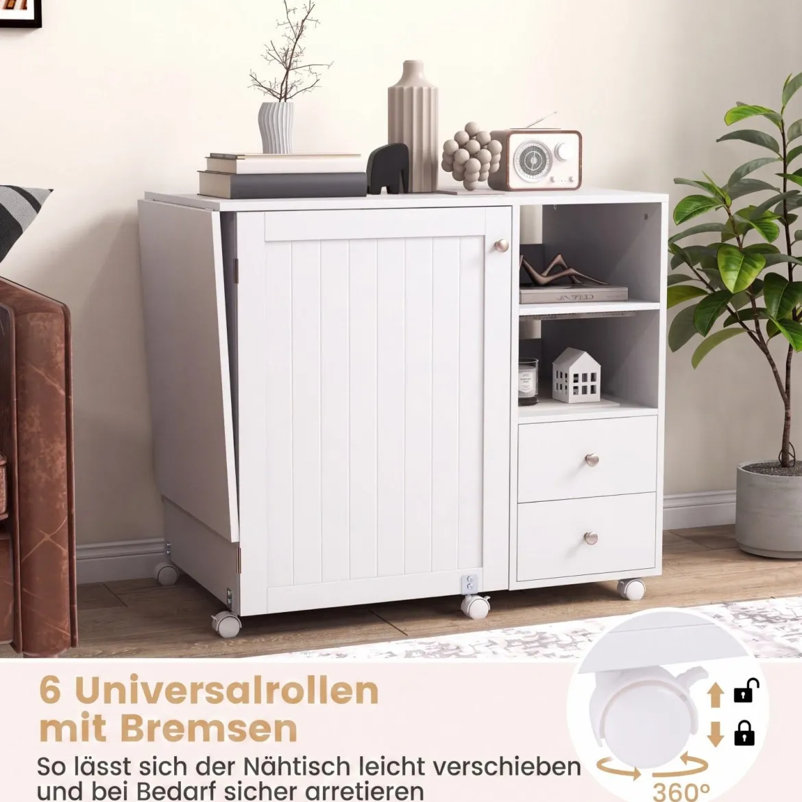 Nähtisch auf Rollen Klappbarer Nähmaschinenschrank mit Ladestation 2 Schubladen Weiß