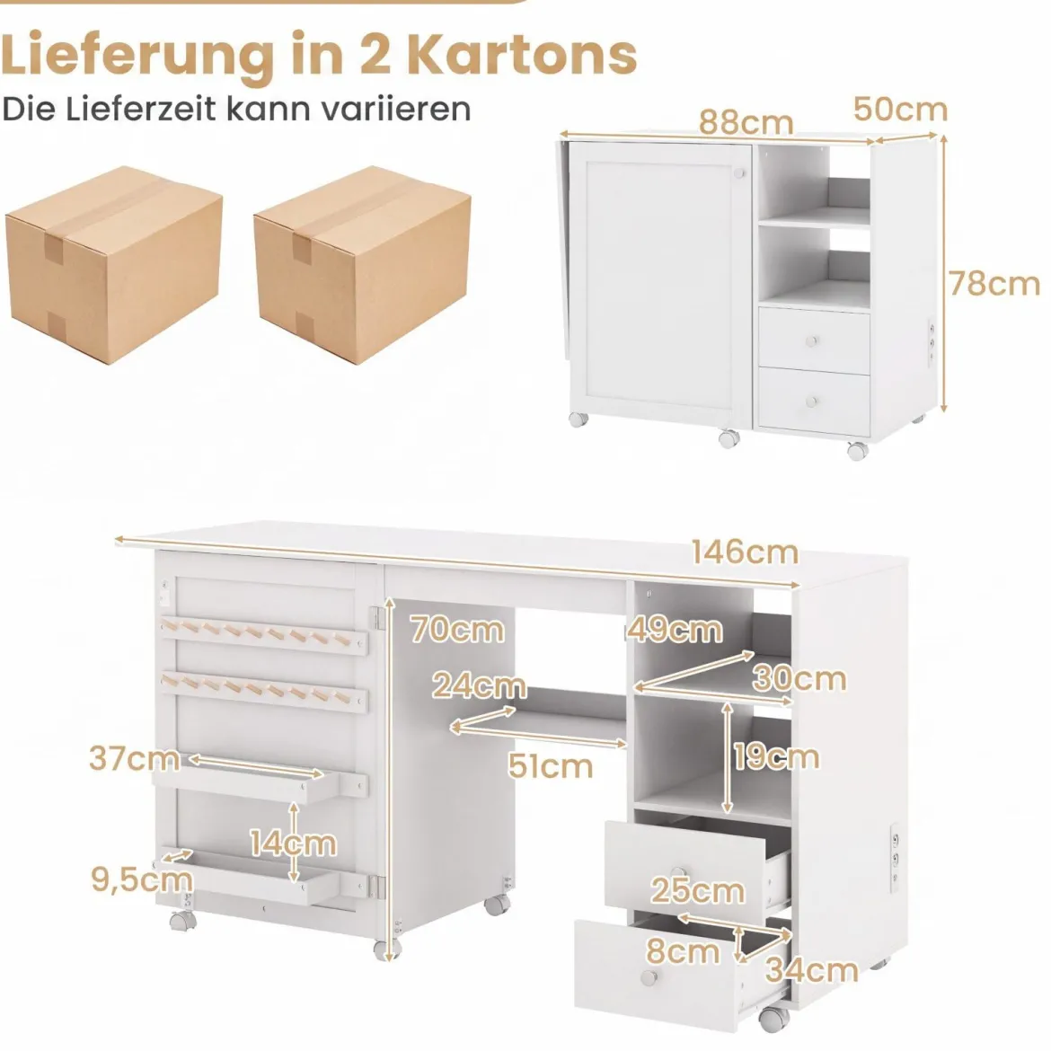 Nähtisch auf Rollen Klappbarer Nähmaschinenschrank mit Ladestation 2 Schubladen Weiß