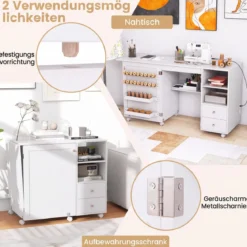 Nähtisch auf Rollen Klappbarer Nähmaschinenschrank mit Ladestation 2 Schubladen Weiß