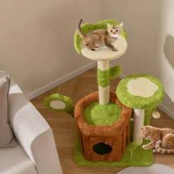 Niedlicher Katzenbaum für erwachsene Katzen mehrstufiger Kletterturm mit Stammhaus Grün