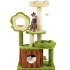 Niedlicher Katzenbaum für erwachsene Katzen mehrstöckiger Katzenturm mit Baumstamm-Kondo Grün