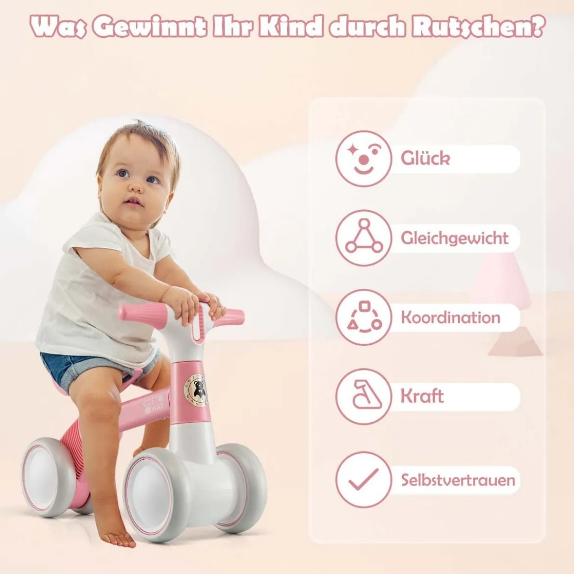 Niedliches Baby-Laufrad 4-Rad-Kinderfahrrad ohne Pedal 55,5 x 26 x 39 cm Rosa