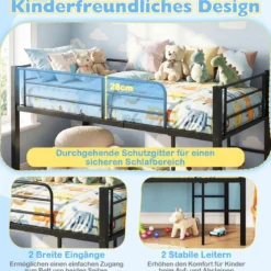 Niedriges Hochbett Bettgestell aus Metall mit Sicherheitsgeländern & 2 Leitern Bettrahmen Schwarz