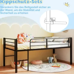 Niedriges Hochbett Bettgestell aus Metall mit Sicherheitsgeländern & 2 Leitern Bettrahmen Schwarz