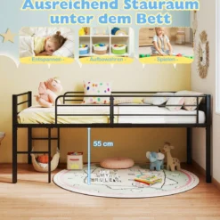 Niedriges Hochbett Bettgestell aus Metall mit Sicherheitsgeländern & 2 Leitern Bettrahmen Schwarz