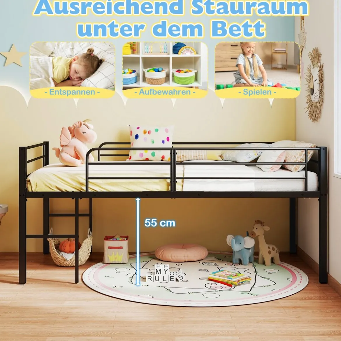 Niedriges Hochbett Bettgestell aus Metall mit Sicherheitsgeländern & 2 Leitern Bettrahmen Schwarz