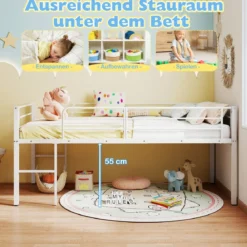Niedriges Hochbett Bettgestell aus Metall mit Sicherheitsgeländern & 2 Leitern Bettrahmen Weiß