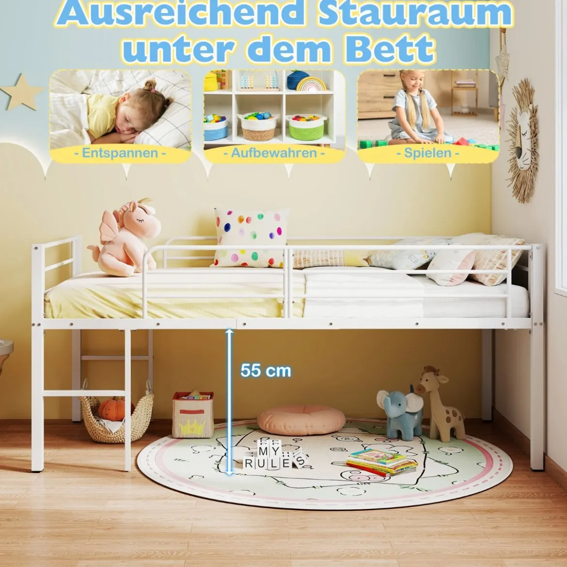 Niedriges Hochbett Bettgestell aus Metall mit Sicherheitsgeländern & 2 Leitern Bettrahmen Weiß