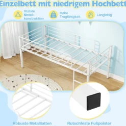 Niedriges Hochbett Bettgestell aus Metall mit Sicherheitsgeländern & 2 Leitern Bettrahmen Weiß