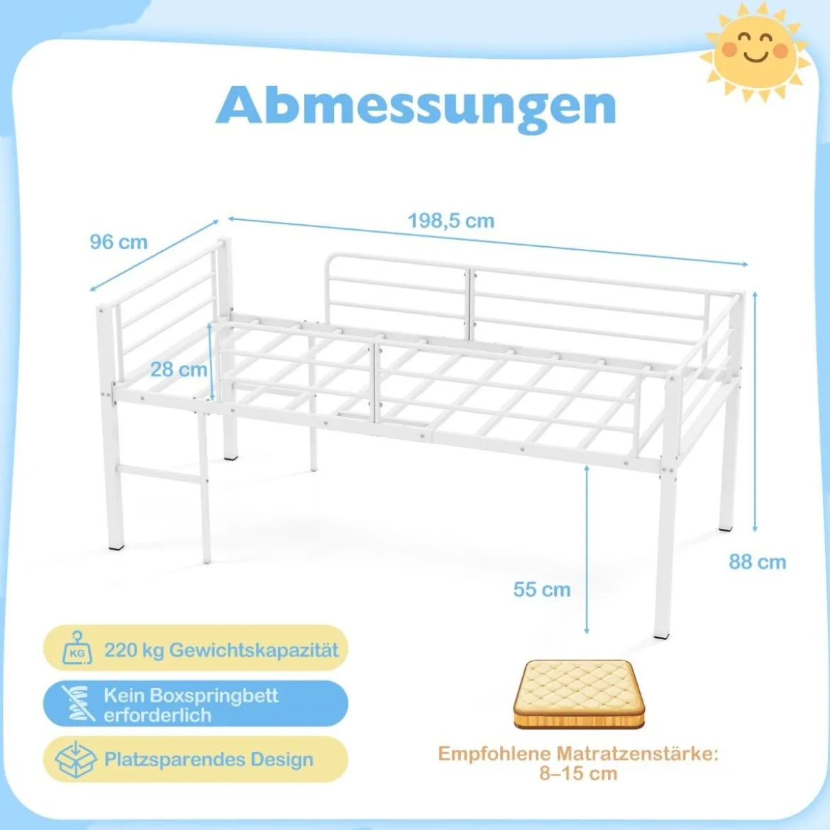 Niedriges Hochbett Bettgestell aus Metall mit Sicherheitsgeländern & 2 Leitern Bettrahmen Weiß