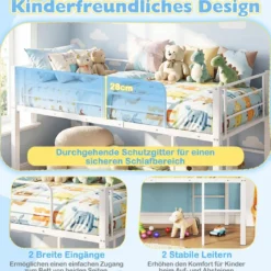 Niedriges Hochbett Bettgestell aus Metall mit Sicherheitsgeländern & 2 Leitern Bettrahmen Weiß