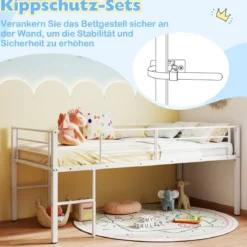 Niedriges Hochbett Bettgestell aus Metall mit Sicherheitsgeländern & 2 Leitern Bettrahmen Weiß